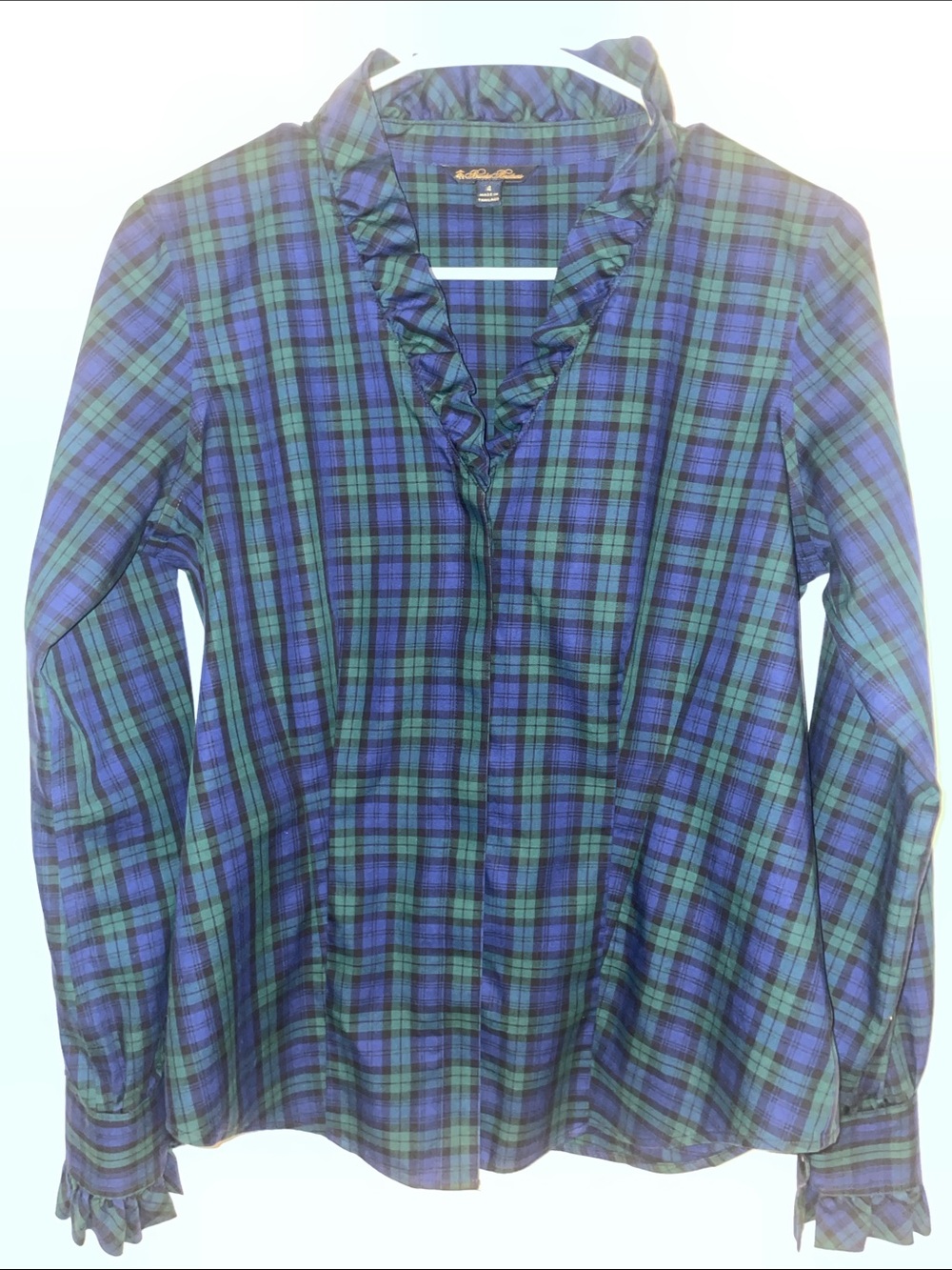 Brooks Brothers Blue & Green Plaid Ruffle V- neck button down Top